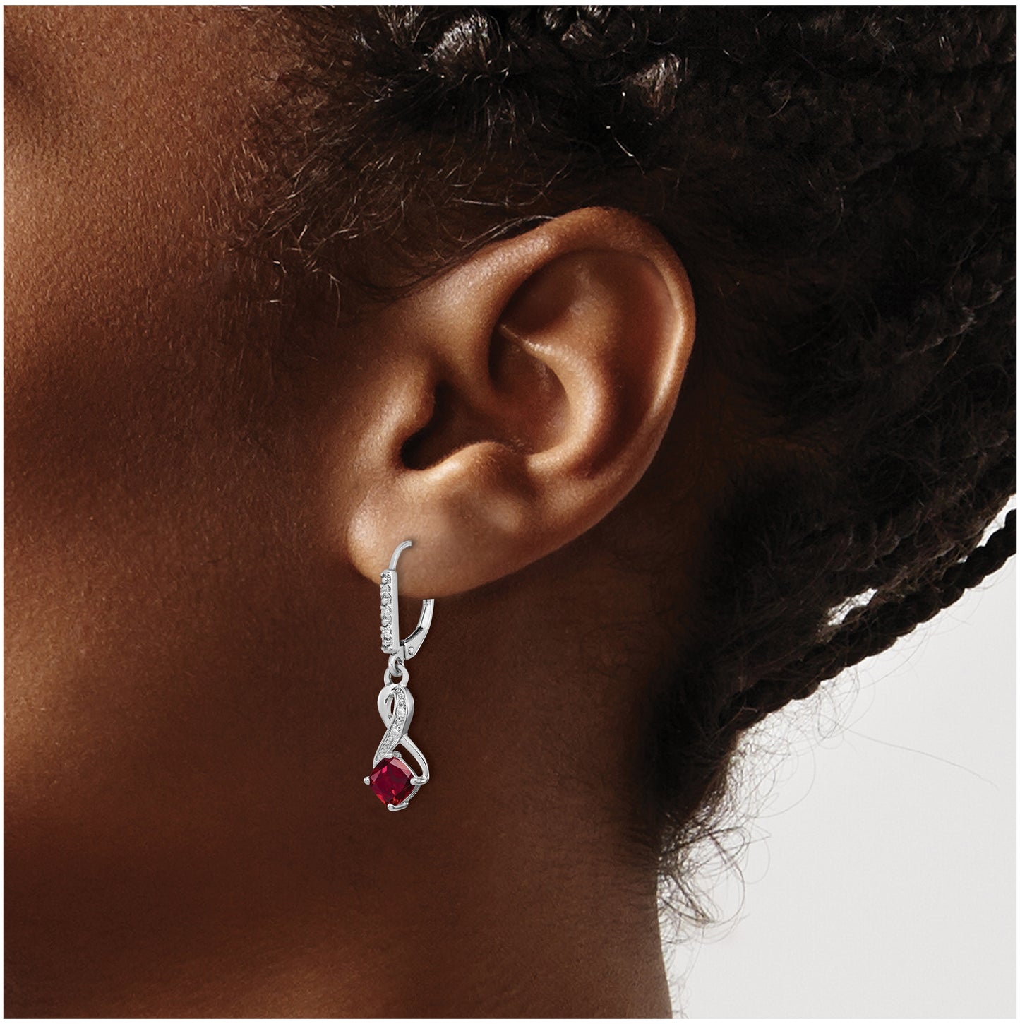 Sterling Silver Rhodium plated Created Ruby and Diamond Earring