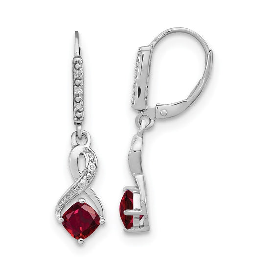 Sterling Silver Rhodium plated Created Ruby and Diamond Earring