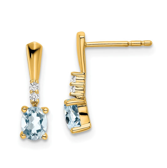 14K Yellow Gold Oval Aquamarine and Diamond Dangle Earrings