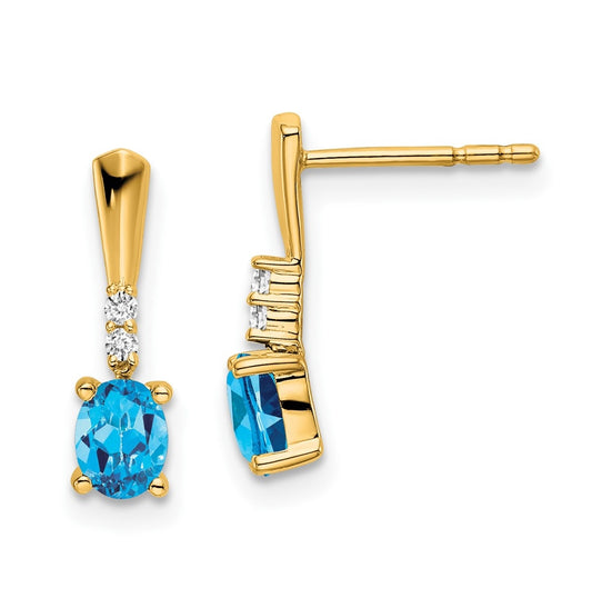 14K Yellow Gold Oval Blue Topaz and Diamond Dangle Earrings