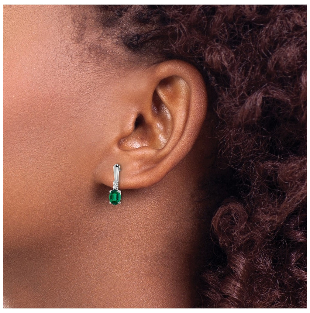 14k White Gold Oval Created Emerald and Diamond Dangle Earrings – Elegant Jewelry Gift for Birthday, Anniversary, Engagement, Wedding