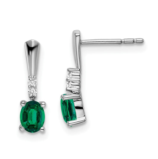 14k White Gold Oval Created Emerald and Diamond Dangle Earrings