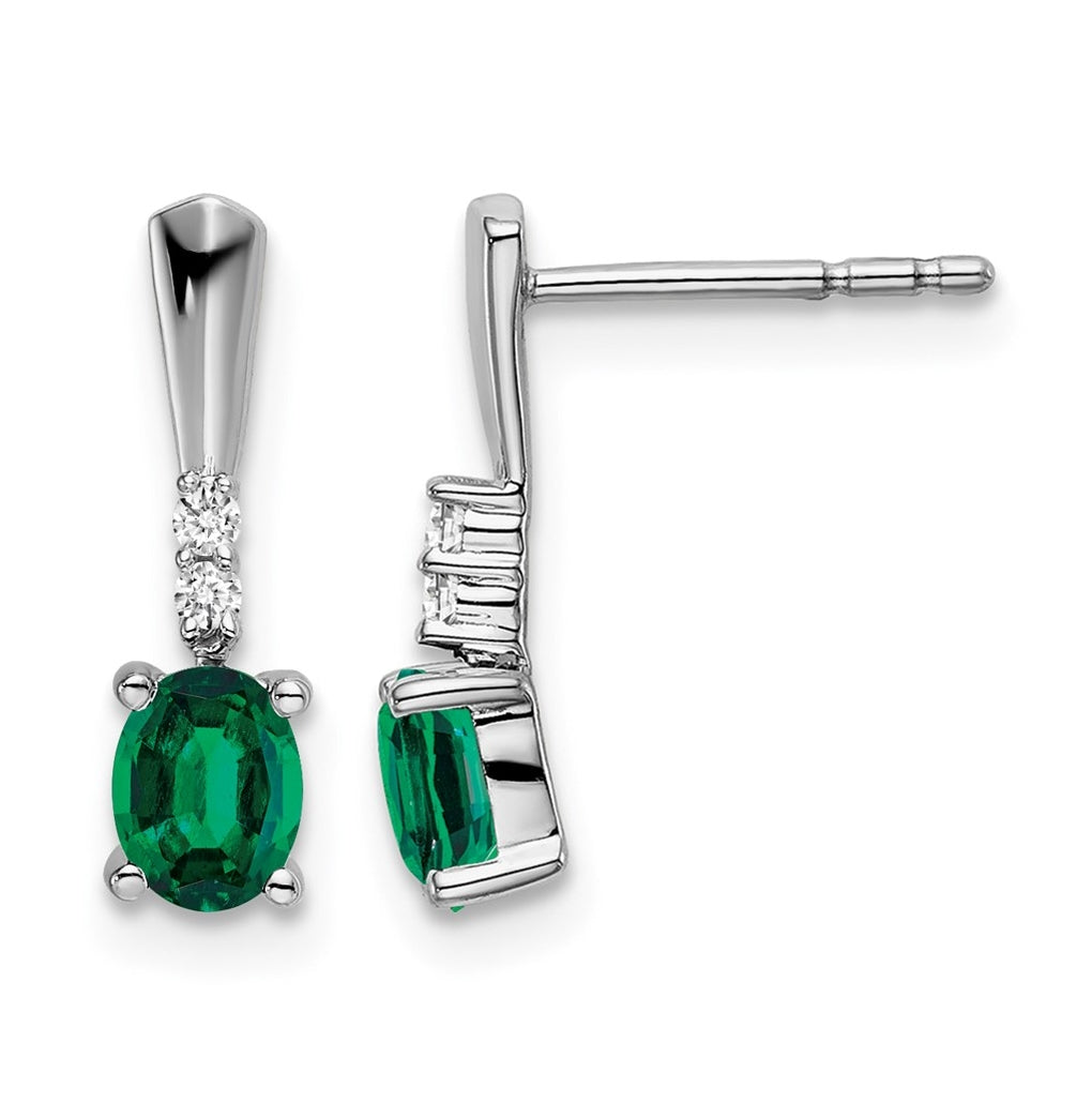 14k White Gold Oval Created Emerald and Diamond Dangle Earrings – Elegant Jewelry Gift for Birthday, Anniversary, Engagement, Wedding