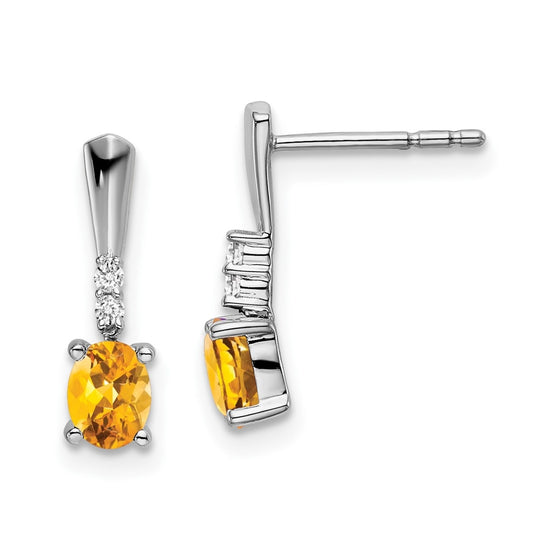 14k White Gold Oval Citrine and Diamond Dangle Earrings
