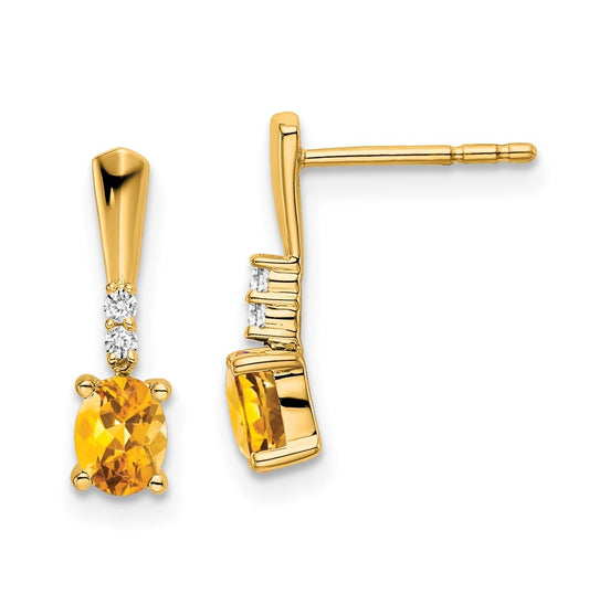 14K Yellow Gold Oval Citrine and Diamond Dangle Earrings