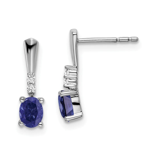14k White Gold Oval Created Sapphire and Diamond Dangle Earrings