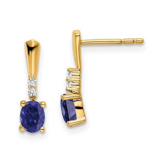 14K Yellow Gold Oval Created Sapphire and Diamond Dangle Earrings