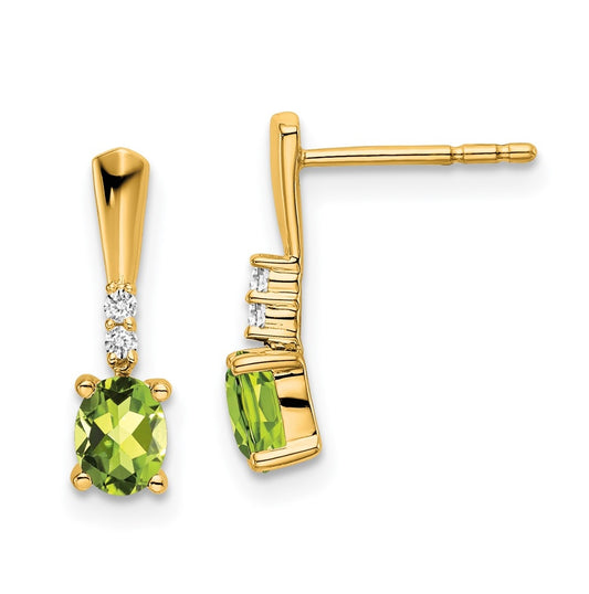 14K Yellow Gold Oval Peridot and Diamond Dangle Earrings