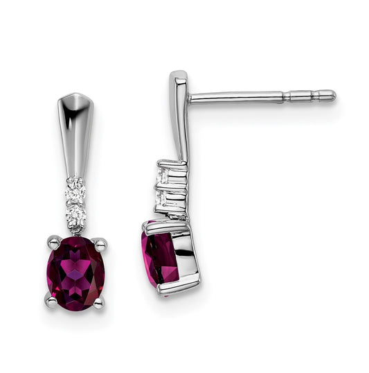14k White Gold Oval Rhodolite Garnet and Diamond Dangle Earrings