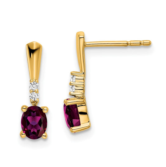 14K Yellow Gold Oval Rhodolite Garnet and Diamond Dangle Earrings