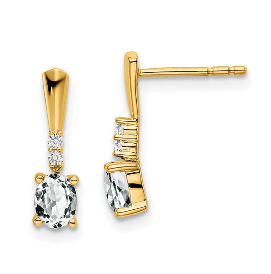 14K Yellow Gold Oval White Topaz and Diamond Dangle Earrings