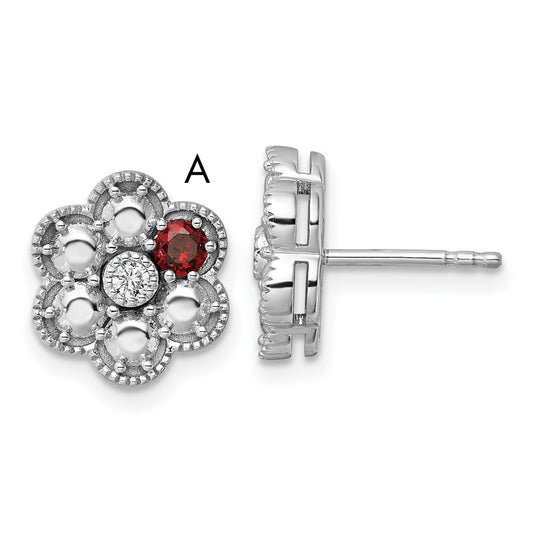 14K White Gold Diamond Flower 1 Genuine Birthstone Complete Earrings
