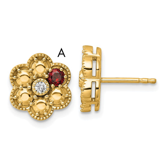 14K Yellow Gold Diamond Flower 1 Genuine Birthstone Complete Earrings
