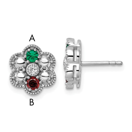 14K White Gold Diamond Flower 2 Synthetic Birthstone Complete Earrings