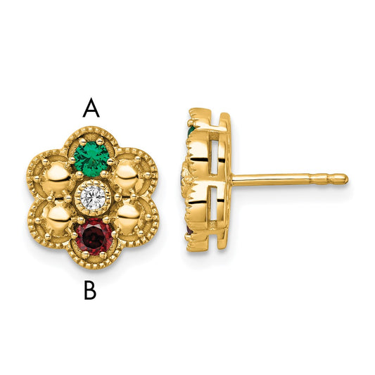14K Yellow Gold Diamond Flower 2 Genuine Birthstone Complete Earrings