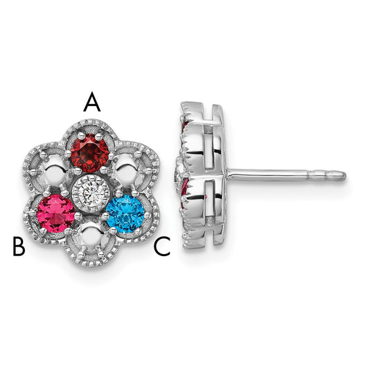 14K White Gold Diamond Flower 3 Genuine Birthstone Complete Earrings