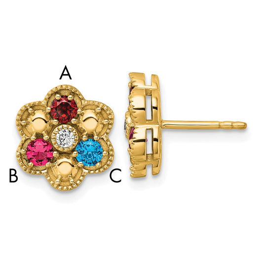 14K Yellow Gold Diamond Flower 3 Genuine Birthstone Complete Earrings