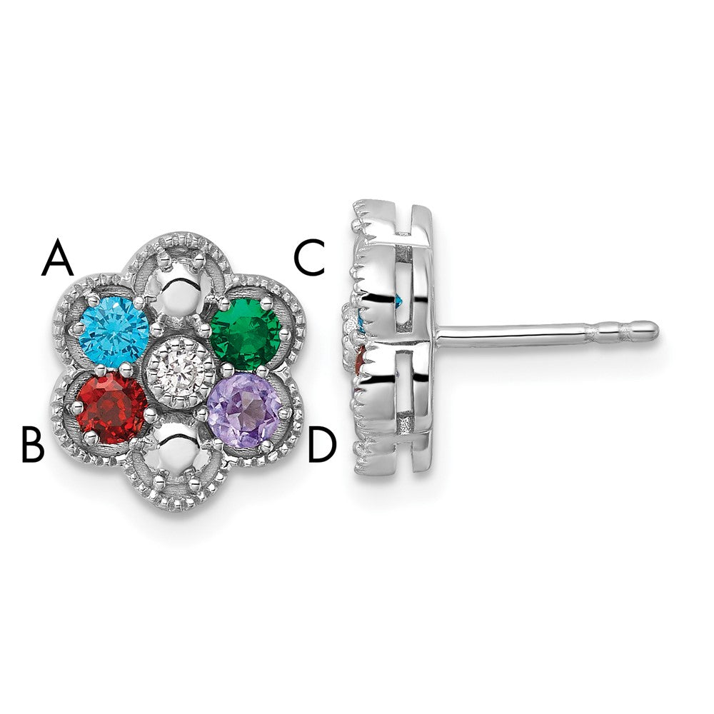 14K White Gold Diamond Flower 4 Genuine Birthstone Complete Earrings