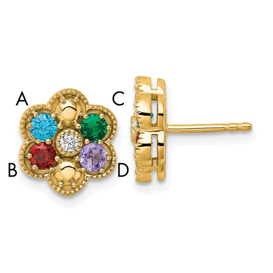 14K Yellow Gold Diamond Flower 4 Genuine Birthstone Complete Earrings