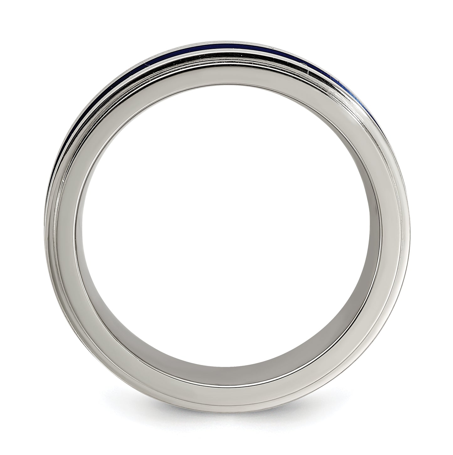 Edward Mirell Gray Titanium with Blue Anodized Stripe Flat Grooved Step Edge 7mm Band, Size 7.5