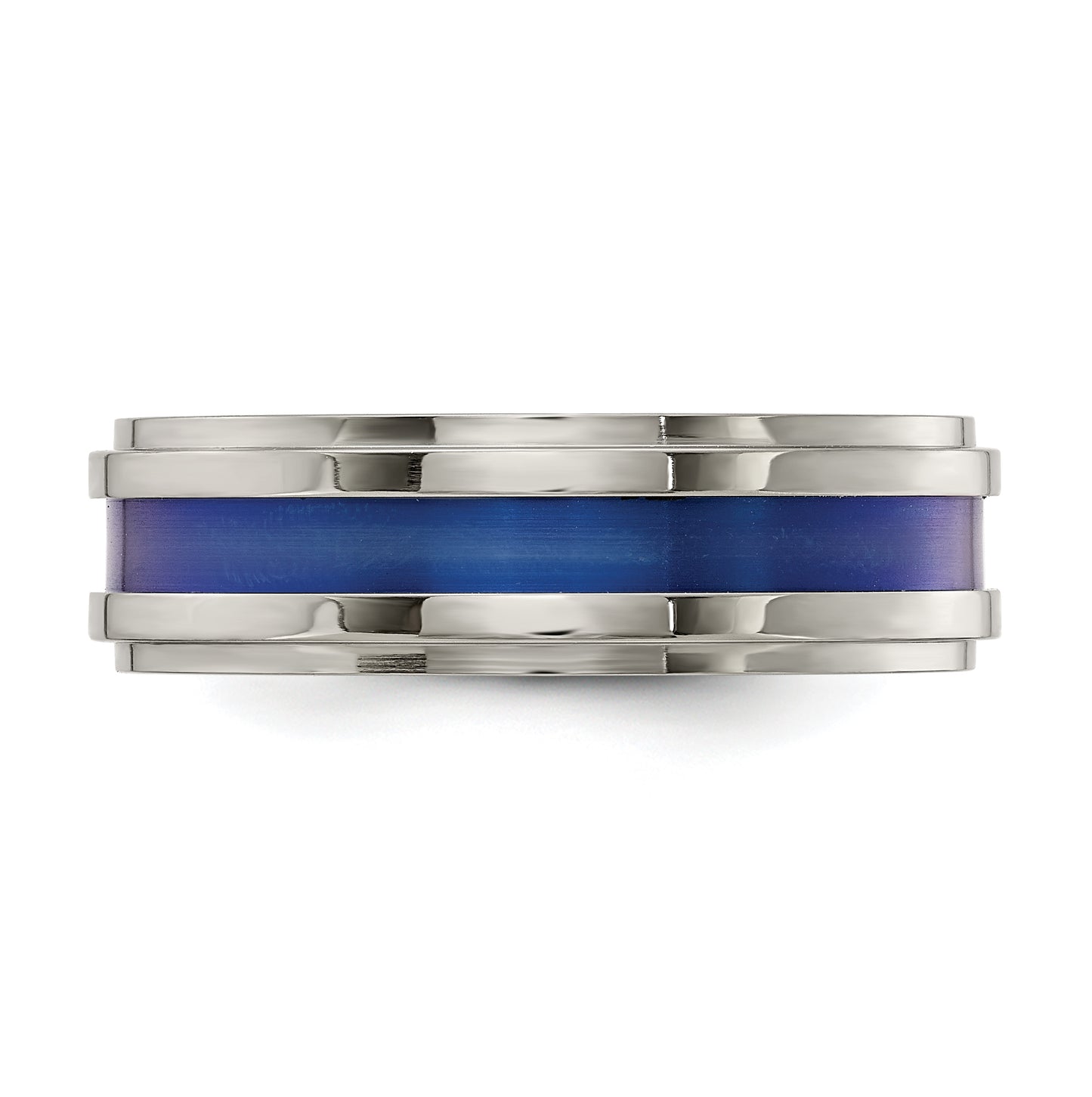 Edward Mirell Gray Titanium with Blue Anodized Stripe Flat Grooved Step Edge 7mm Band, Size 8.5