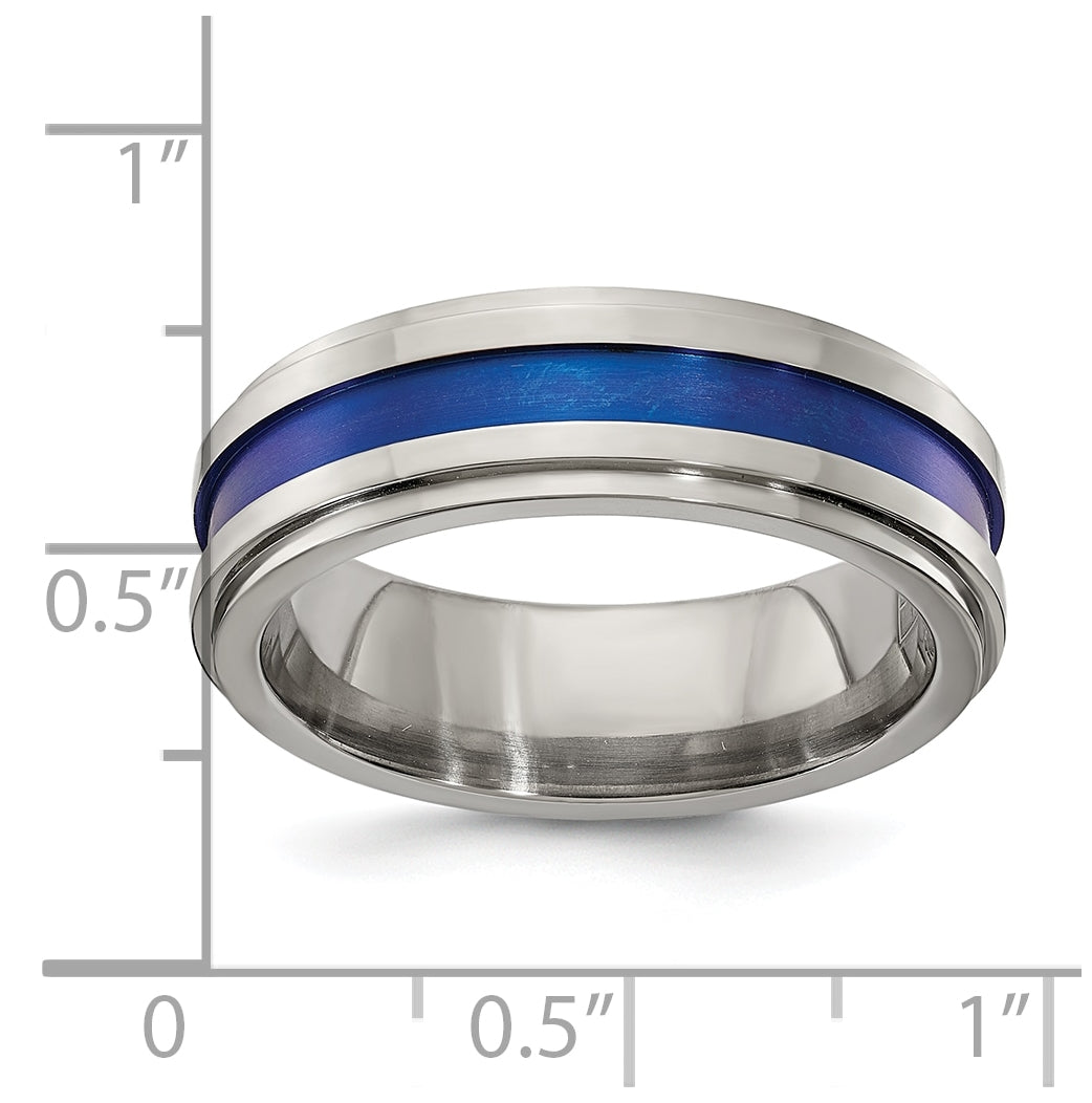 Edward Mirell Gray Titanium with Blue Anodized Stripe Flat Grooved Step Edge 7mm Band, Size 7