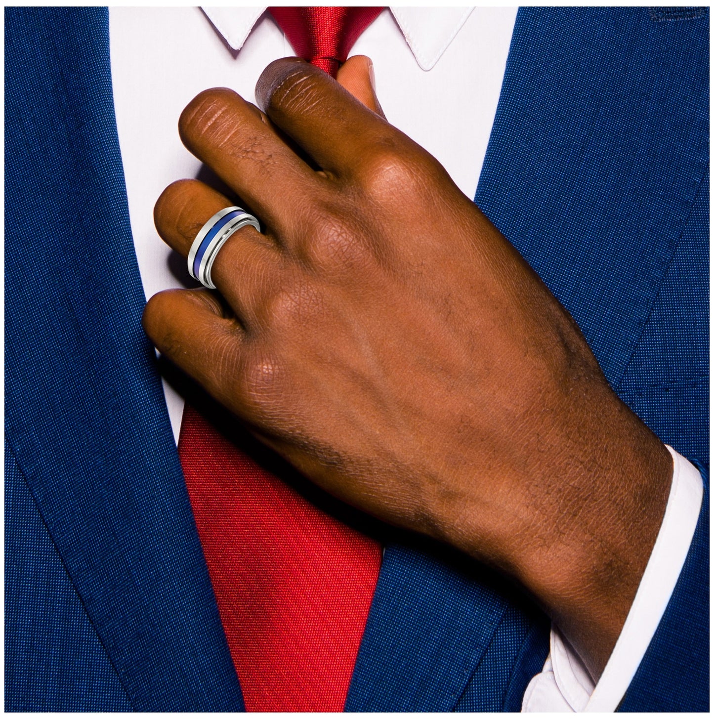 Edward Mirell Gray Titanium with Blue Anodized Stripe Flat Grooved Step Edge 8mm Band, Size 7.5
