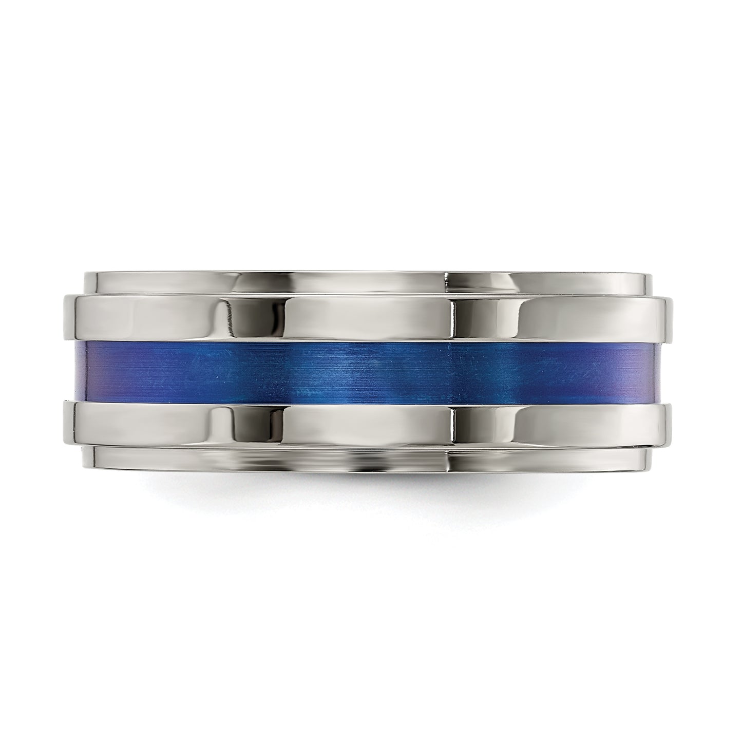 Edward Mirell Gray Titanium with Blue Anodized Stripe Flat Grooved Step Edge 8mm Band, Size 12.5