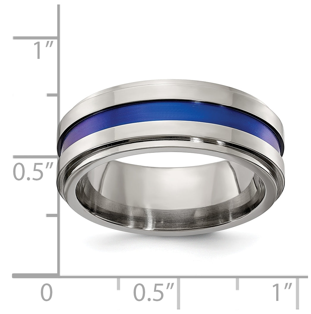 Edward Mirell Gray Titanium with Blue Anodized Stripe Flat Grooved Step Edge 8mm Band, Size 13
