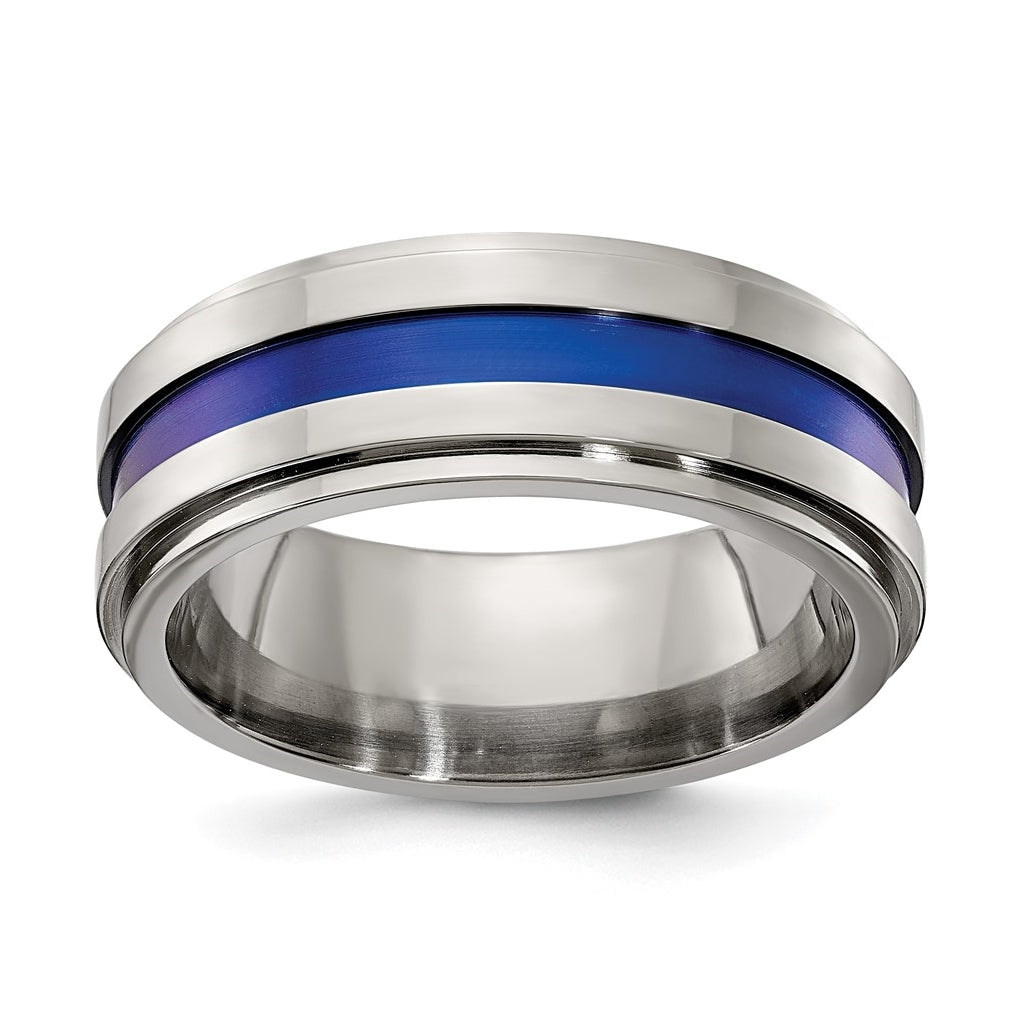 Edward Mirell Gray Titanium with Blue Anodized Stripe Flat Grooved Step Edge 8mm Band, Size 9