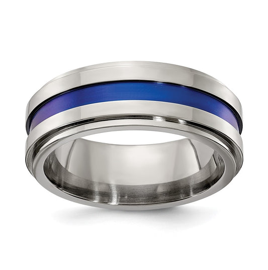 Edward Mirell Gray Titanium with Blue Anodized Stripe Flat Grooved Step Edge 8mm Band, Size 9
