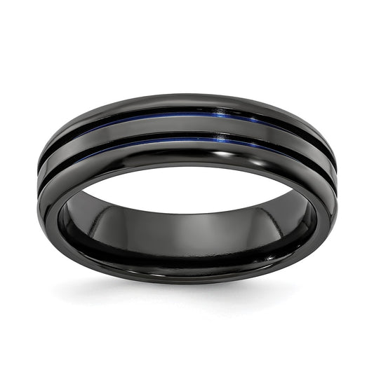 Edward Mirell Black Titanium Beveled & Grooved Blue Anodized 6mm Band, Size 11.5