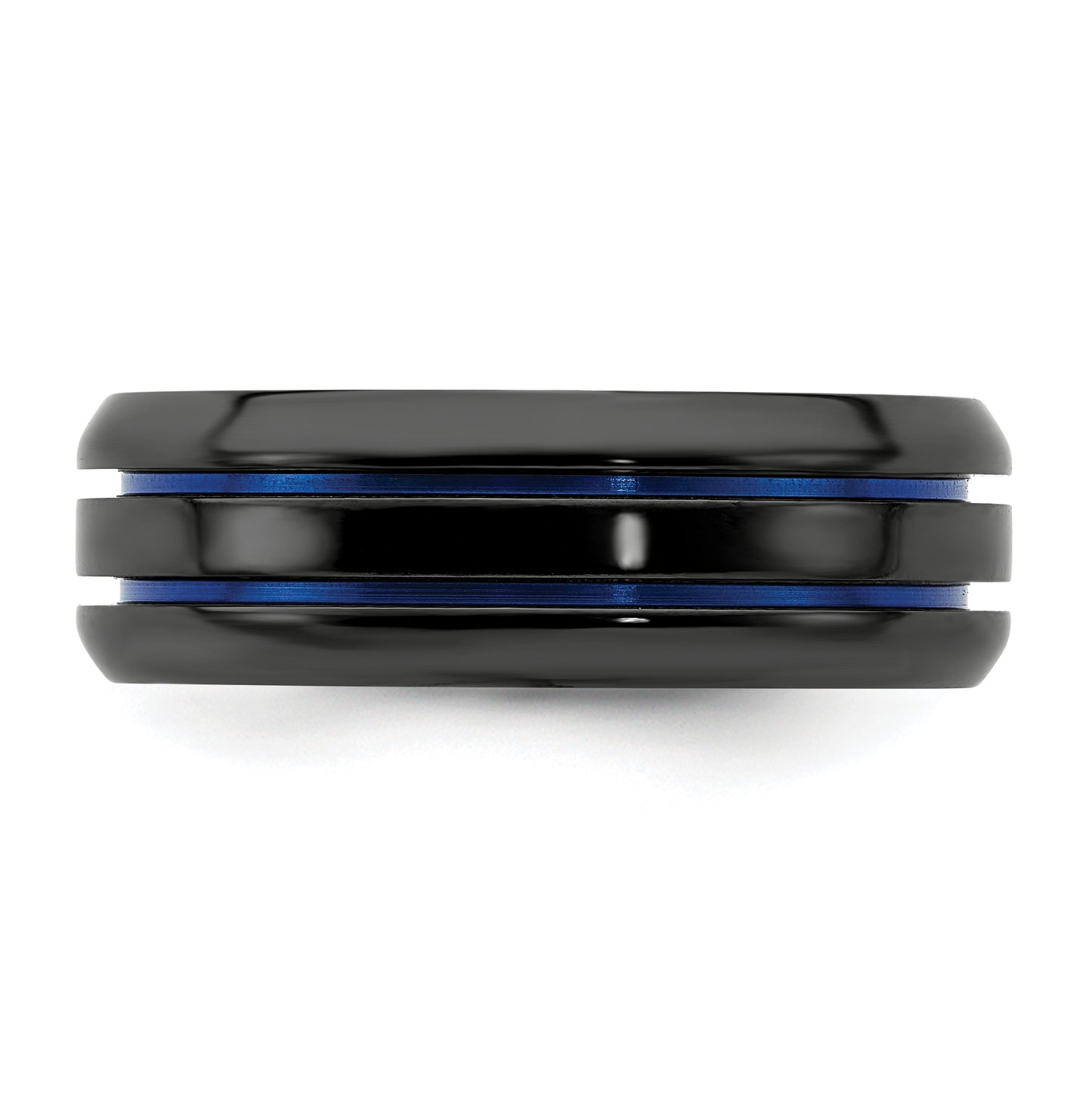 Edward Mirell Titanium Black Titanium with Blue Anodized Grooves Beveled Edge 8mm Band, Size 7.5