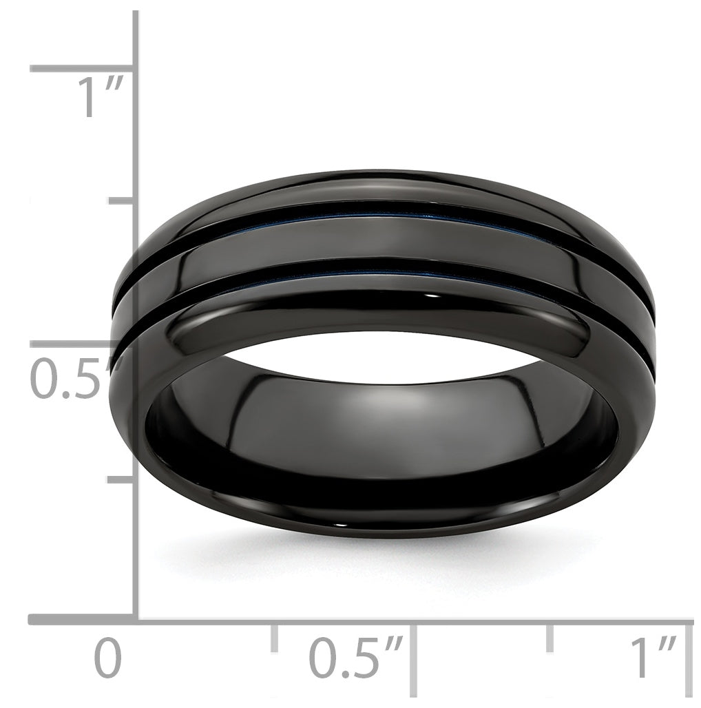 Edward Mirell Titanium Black Titanium with Blue Anodized Grooves Beveled Edge 8mm Band, Size 7