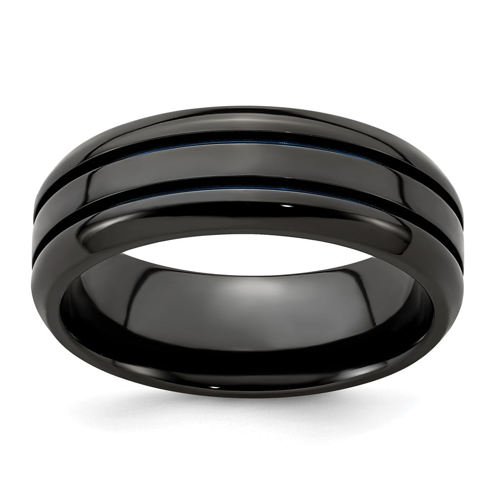 Edward Mirell Titanium Black Titanium with Blue Anodized Grooves Beveled Edge 8mm Band, Size 7