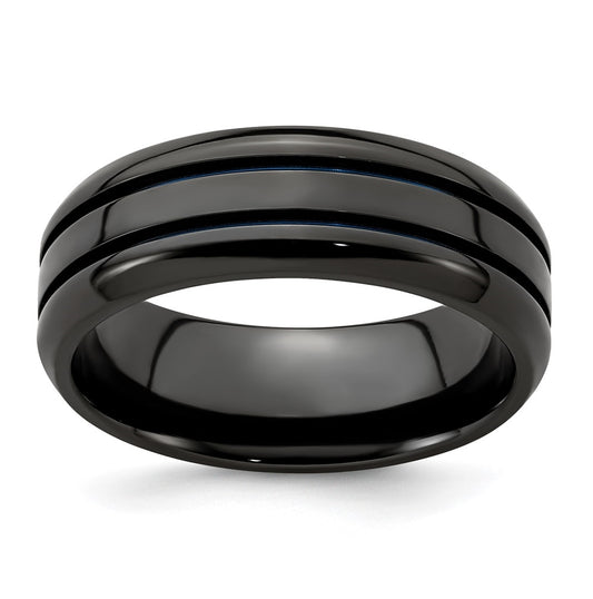 Edward Mirell Titanium Black Titanium with Blue Anodized Grooves Beveled Edge 8mm Band, Size 7