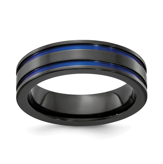 Edward Mirell Titanium Black Titanium Grooved Blue Anodized 6mm Band, Size 10.5