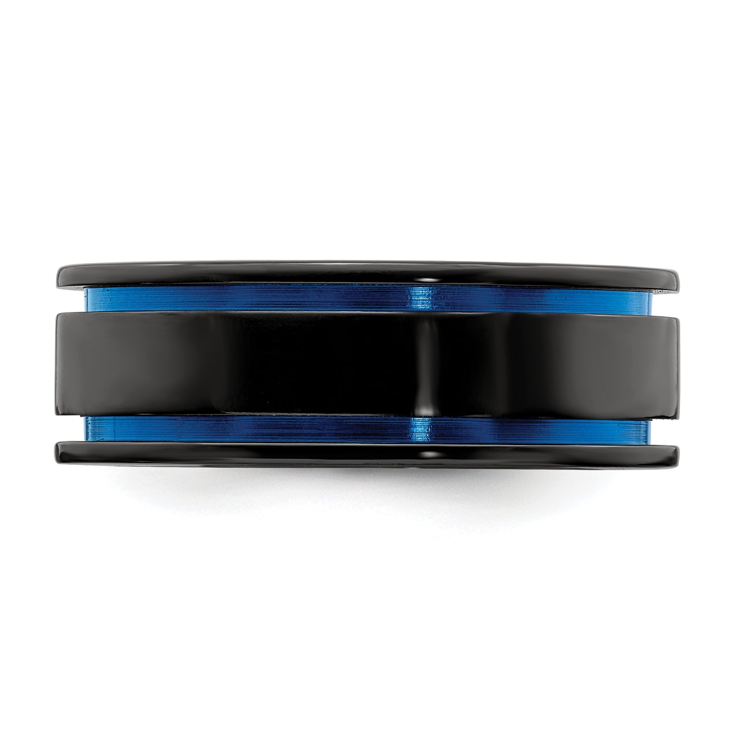 Edward Mirell Titanium Black Titanium with Blue Anodized Grooves Flat 8mm Band, Size 8.5