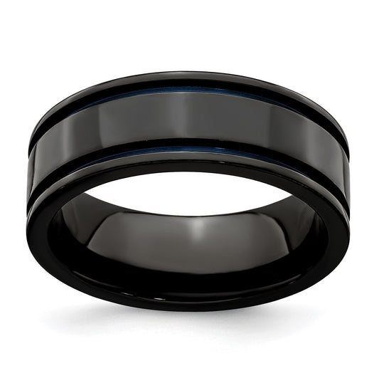 Edward Mirell Titanium Black Titanium with Blue Anodized Grooves Flat 8mm Band, Size 12