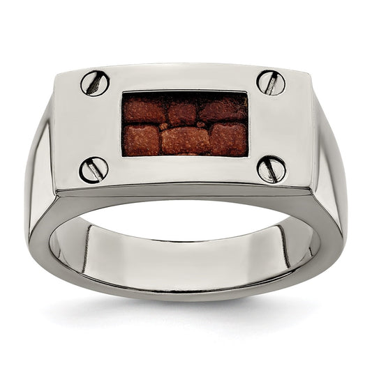 Edward Mirell Titanium Brown Leather Insert Polished Ring, Size 12