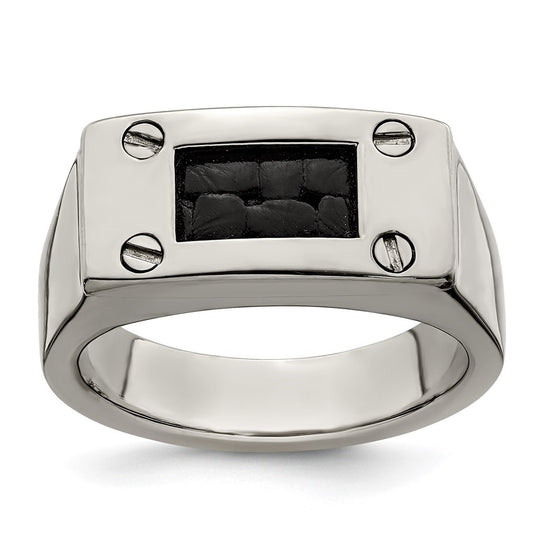 Edward Mirell Titanium Black Leather Insert Polished Ring, Size 8