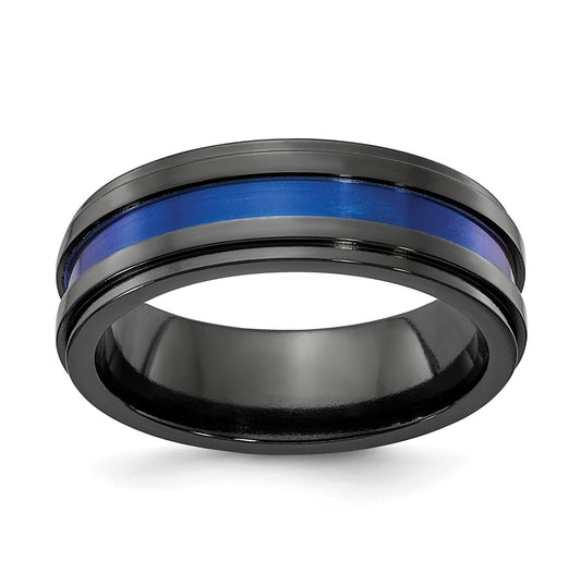 Edward Mirell Black Titanium Grooved Blue Anodized 7mm Band, Size 8.5