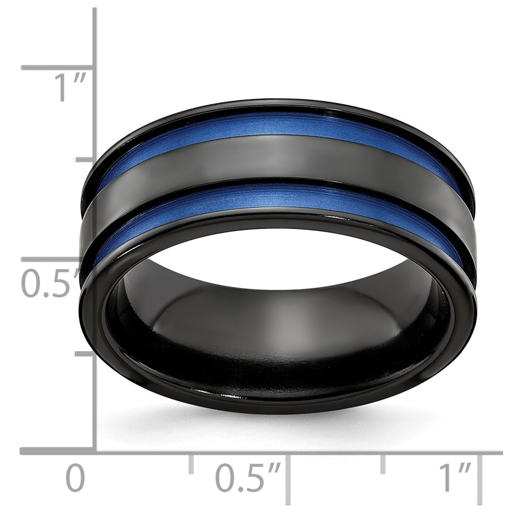 Edward Mirell Black Ti with Blue Anodized Grooves Flat 8.5mm Band