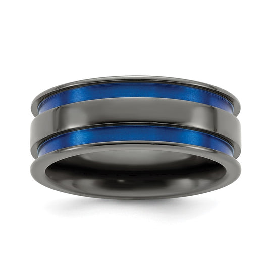 Edward Mirell Black Titanium Grooved Blue Anodized 8mm Band, Size 9