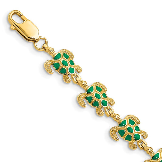 14K Yellow Gold w/ Green Enamel Sea Turtle Bracelet