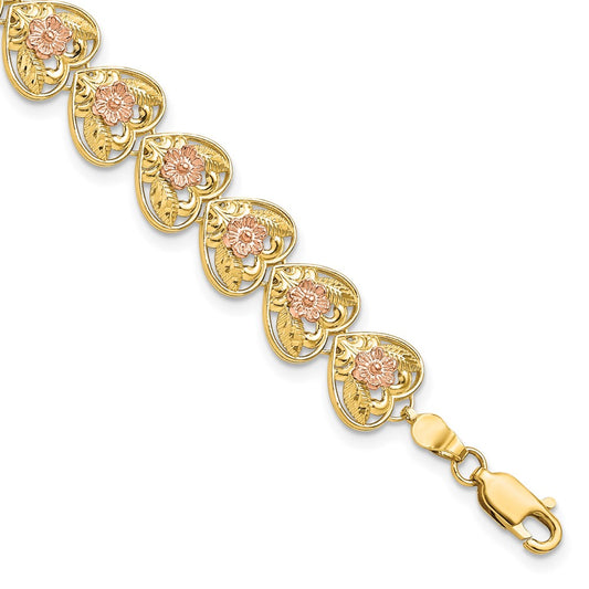 14k Two-tone Diamond Cut Heart with Flowers 7.25in Bracelet