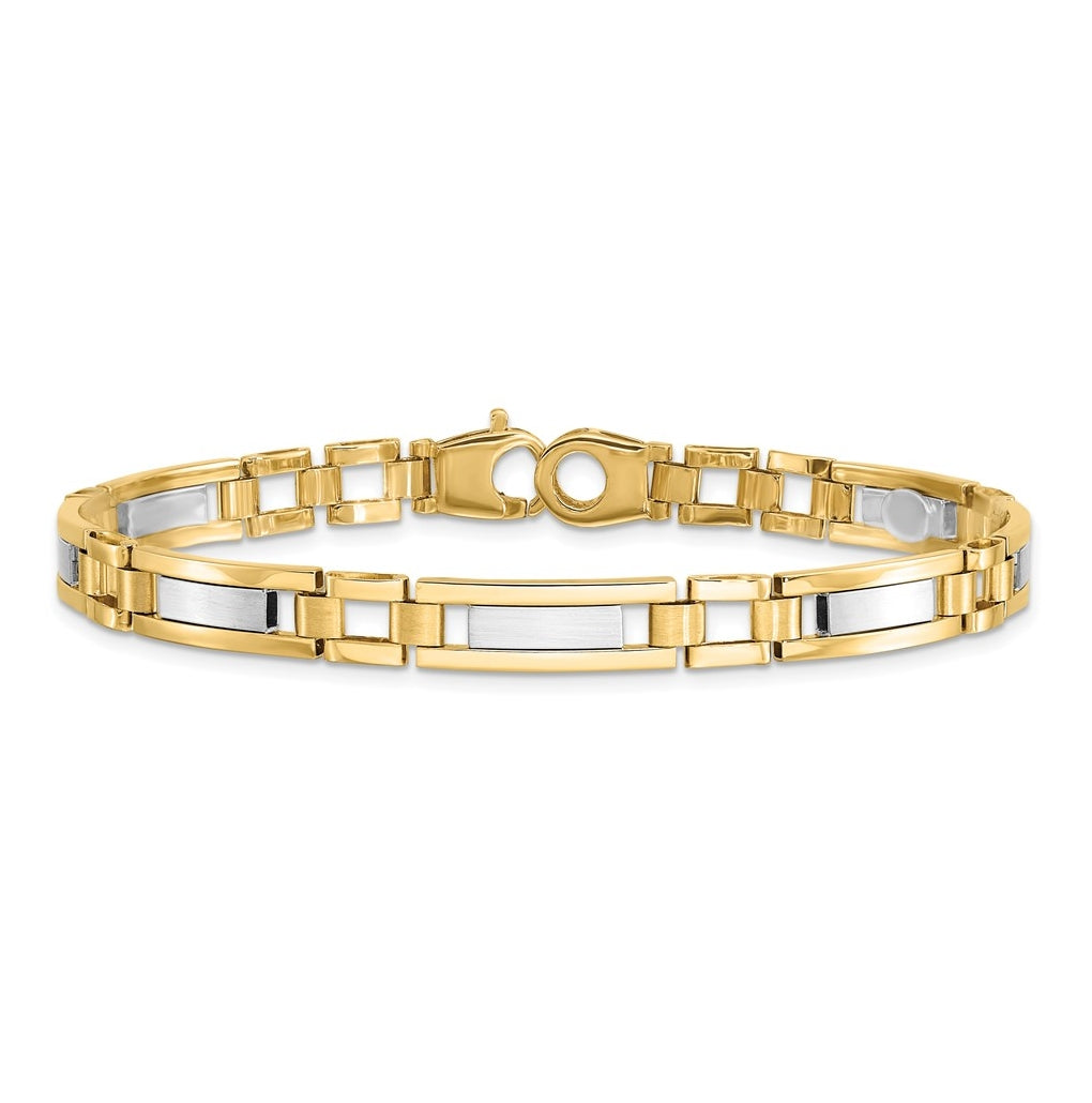 14K Two-Tone Gold Polished and Satin 8.5in Mens Link Bracelet – Elegant Jewelry Gift for Birthday, Anniversary, Engagement, Wedding
