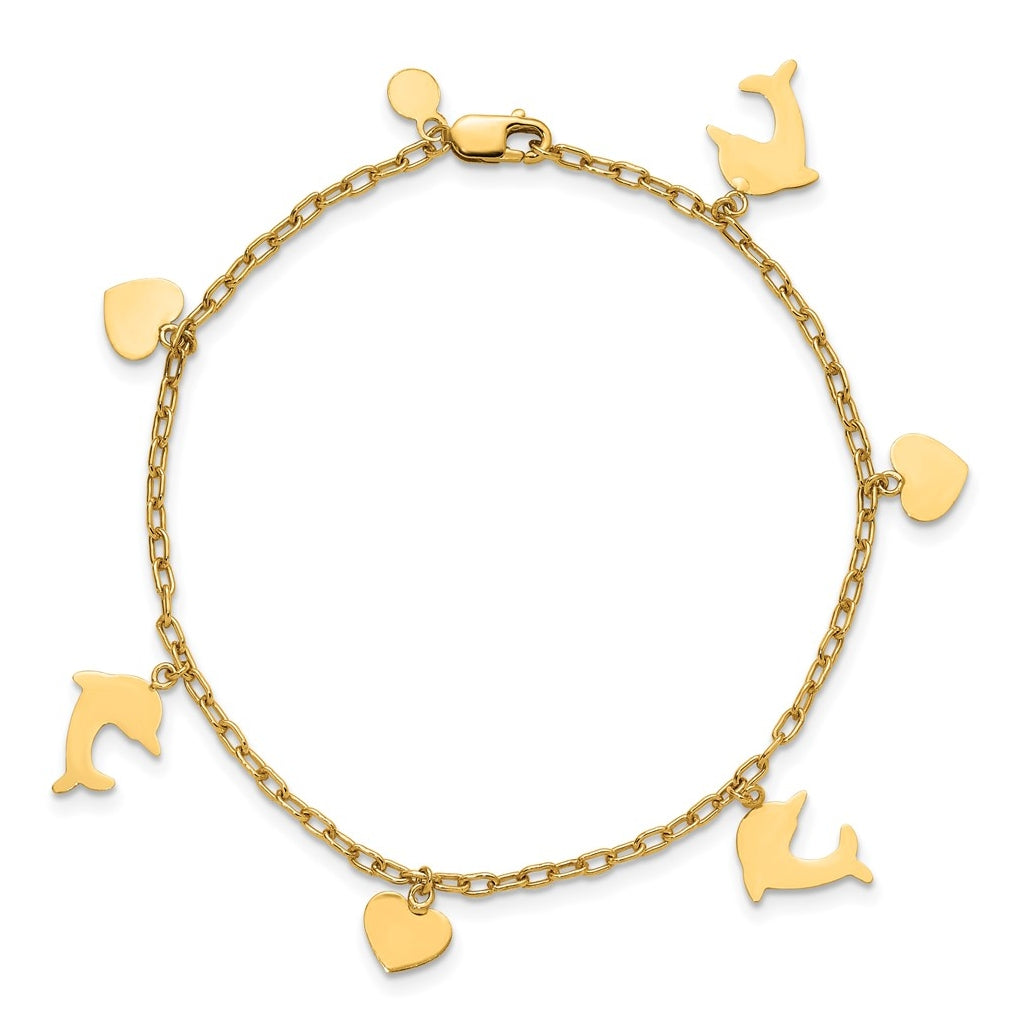 1/20 14K Gold Filled Dolphin and Heart Dangles 7in Bracelet