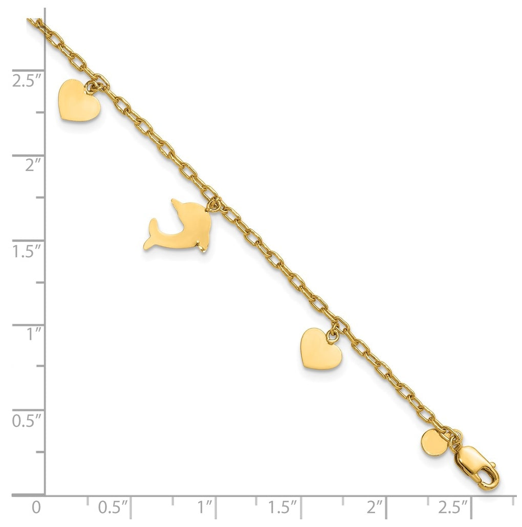 1/20 14K Gold Filled Dolphin and Heart Dangles 7in Bracelet