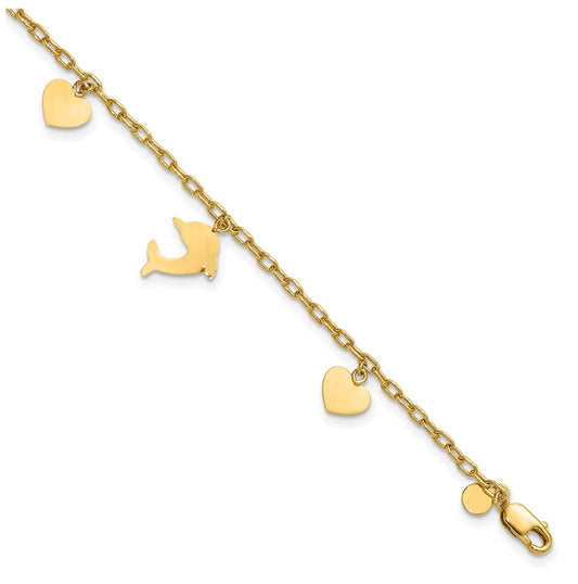 1/20 14K Gold Filled Dolphin and Heart Dangles 7in Bracelet